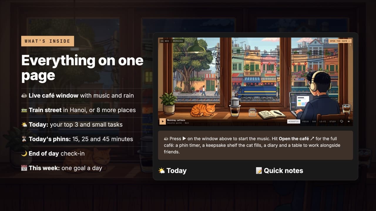 Hanoi Café Workspace Notion template: a live café window above Today and Quick notes